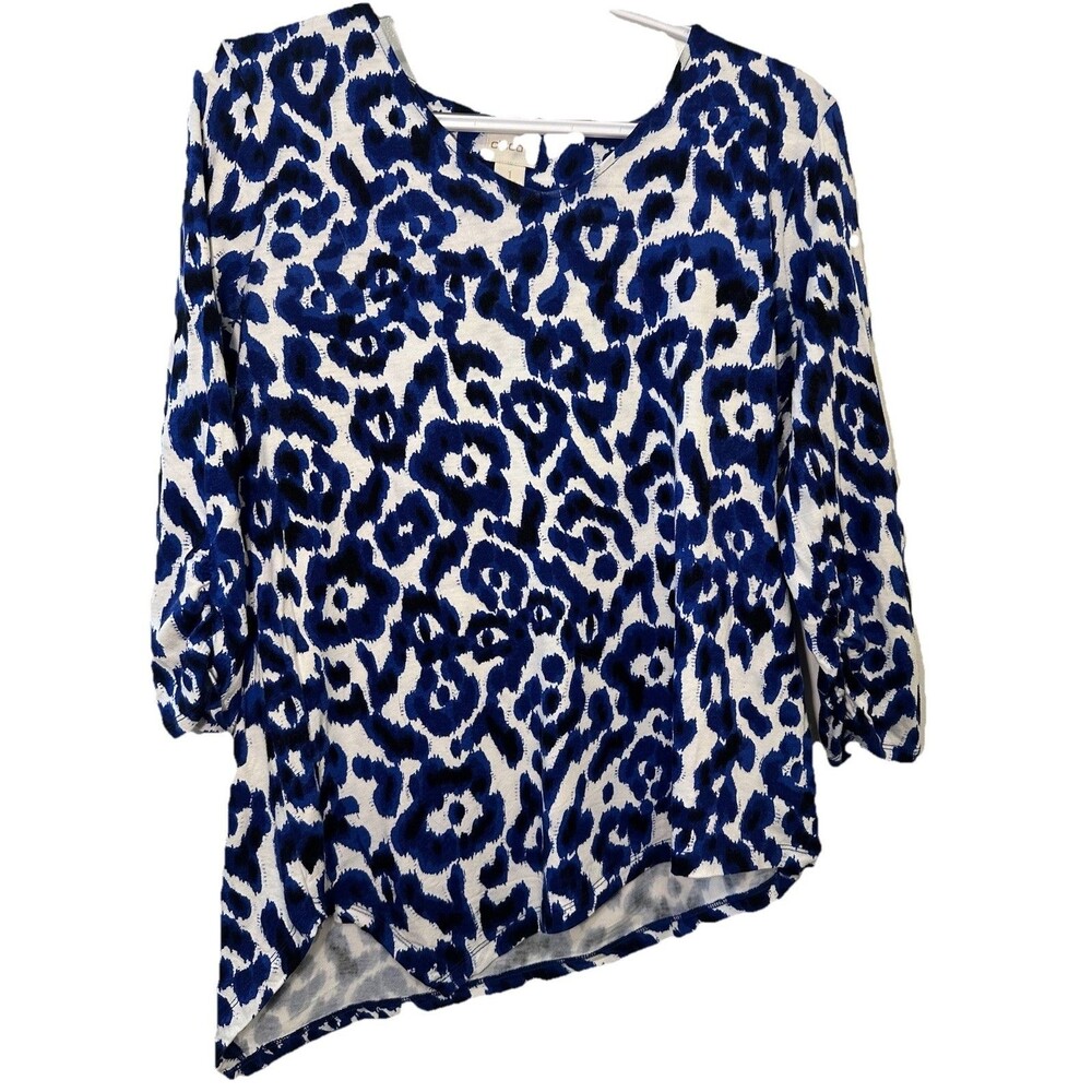 Chico’s Asymmetrical Hem Abstract Print Top Blue White Women’s 1 Medium